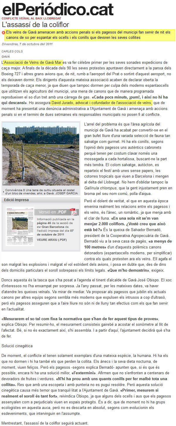 Irnic reportatge publicat al diari EL PERIDICO sobre la denncia interposada per l'AVV de Gav Mar contra l'Ajuntament de Gav per les explosions que realitzen els pagesos a prop de Gav Mar (7 Octubre 2011)